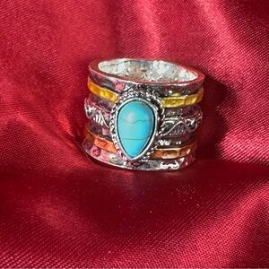 Vintage-Style Wide Band Ring with Turquoise Inlay | Boho Statement Ring